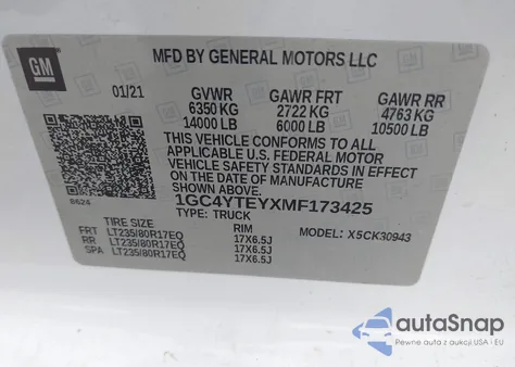 2021 Chevrolet Silverado 3500Hd 4Wd Long Bed Lt z USA, uszkodzony, nr VIN 1GC4YTEYXMF173425